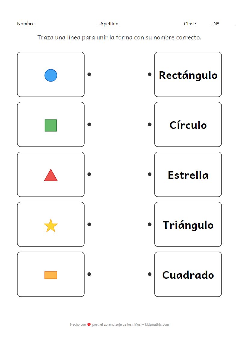 Hoja de Trabajo de Emparejamiento de Formas y Nombres para Preescolares
