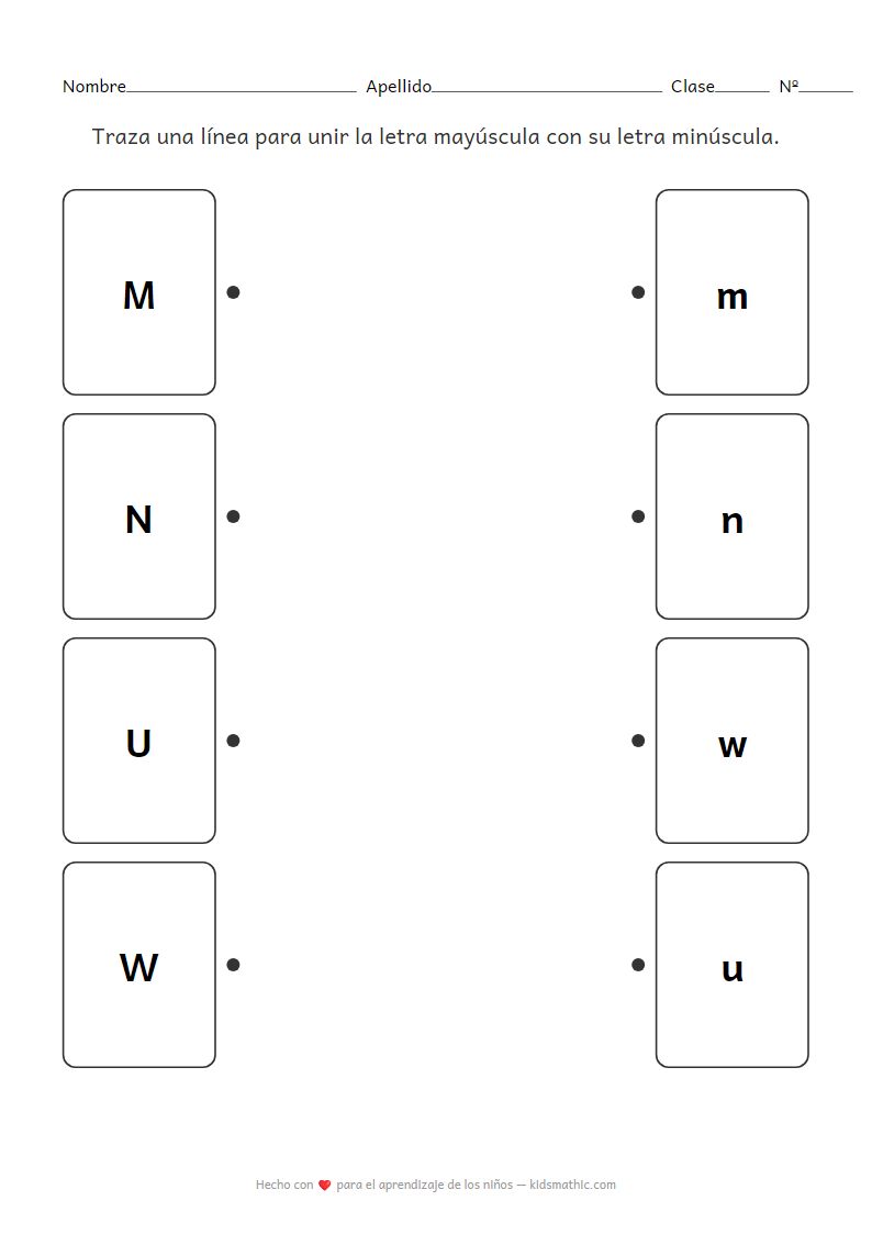 Ficha de trabajo para unir letras mayúsculas y minúsculas (M N U W) para niños de preescolar