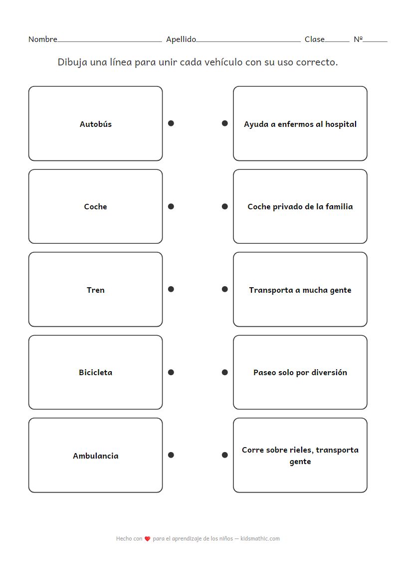 Hoja de trabajo: Unir Vehículos con su Uso (Público-Privado) para Preescolar