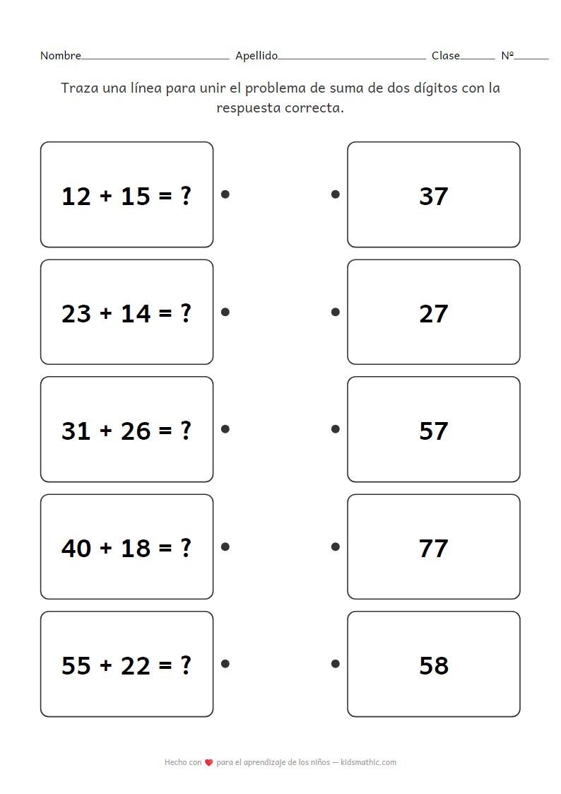 Hoja de Trabajo de Emparejamiento de Sumas de Dos Dígitos para Grado 2 (Sin reagrupación)