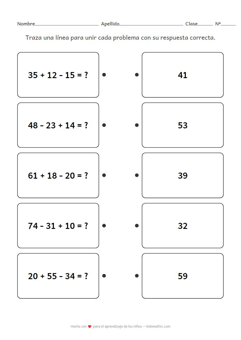 Hoja de trabajo de emparejamiento de sumas y restas mixtas de 2 dígitos para 2º grado