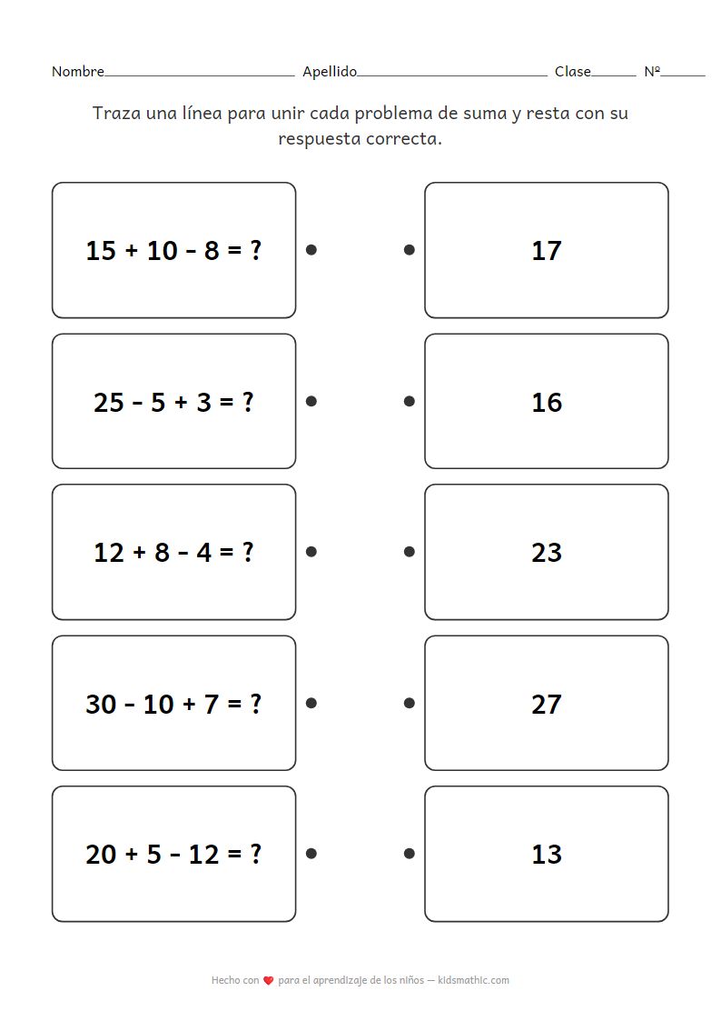 Hoja de trabajo de emparejamiento de sumas y restas mixtas para 1er grado