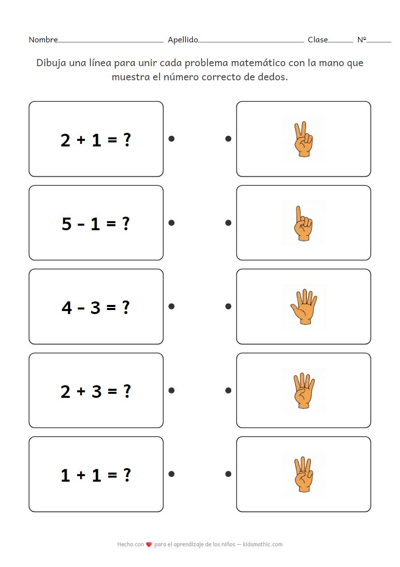 Hoja de trabajo de matemáticas para preescolar: Une ecuaciones con manos contando dedos