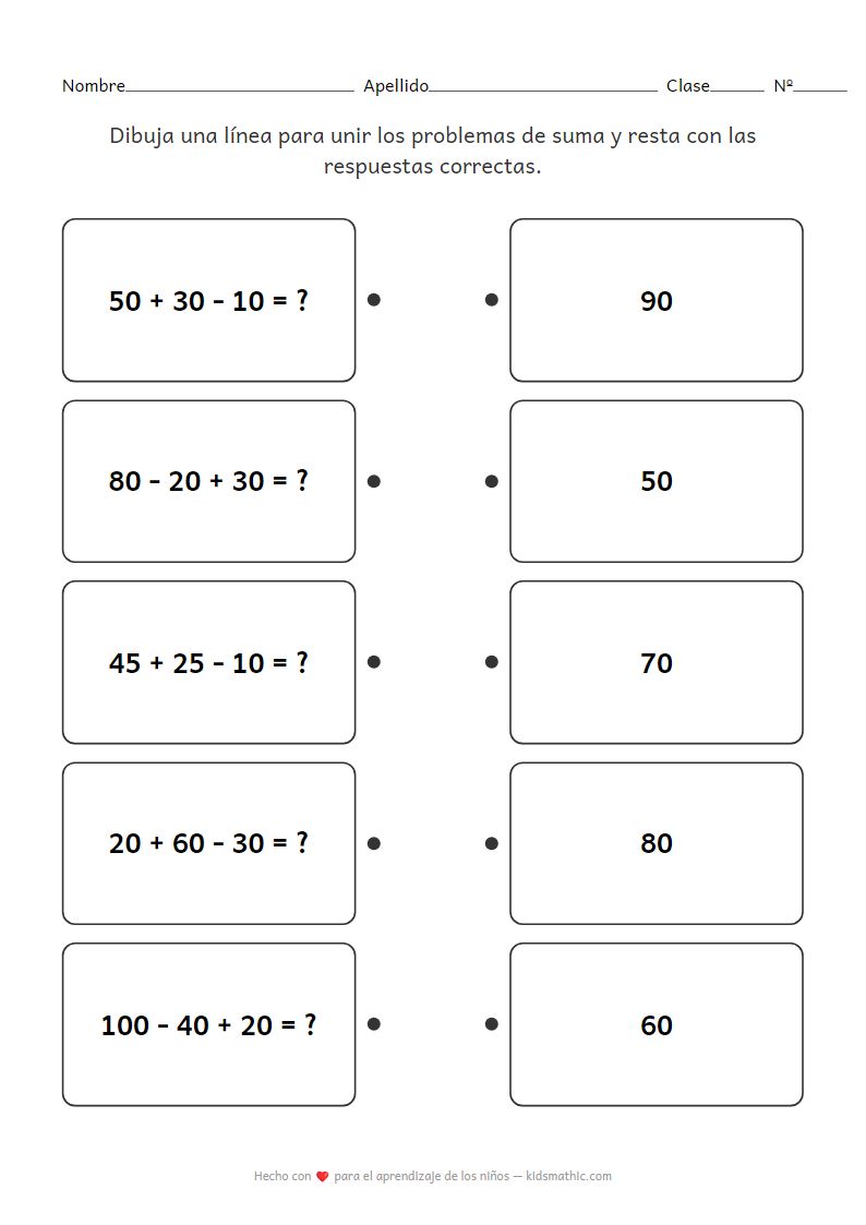 Ficha de Matemáticas: Emparejamiento de Problemas Mixtos de Suma y Resta hasta 100 para 2º Grado