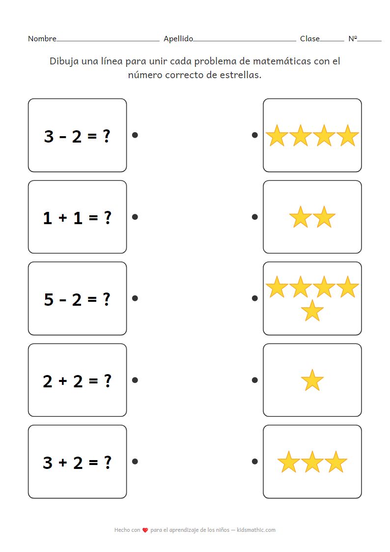 Hoja de trabajo de matemáticas para jardín de infancia: Unir operaciones mixtas con estrellas