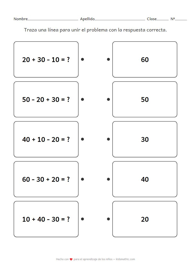 Hoja de trabajo de emparejamiento de sumas y restas de decenas para estudiantes de 1er grado
