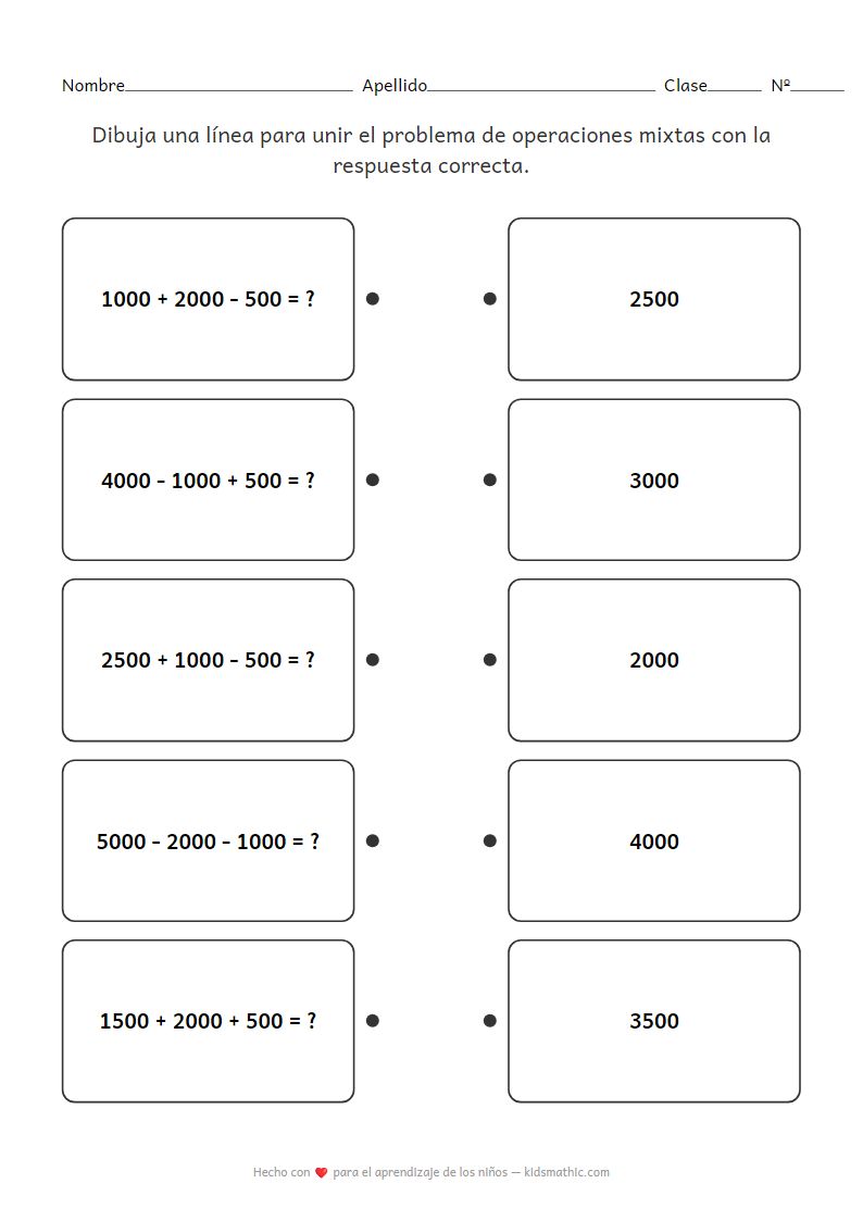 Hoja de trabajo de emparejamiento de operaciones mixtas con miles para preescolares
