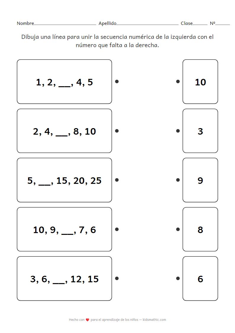 Ficha de emparejamiento de patrones y secuencias numéricas básicas para preescolar