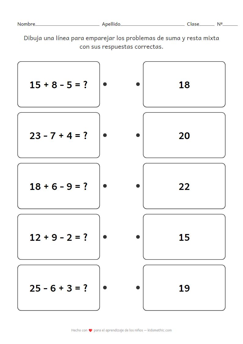 Hoja de trabajo de emparejamiento: Suma y Resta Mixta de 2 Dígitos para Niños de P1