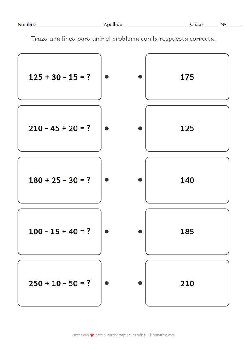 Hoja de trabajo avanzada de emparejamiento de problemas matemáticos mixtos de 3 dígitos