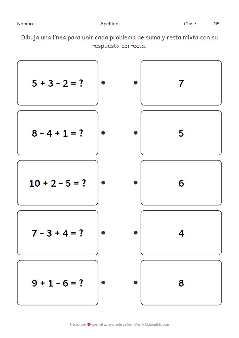 Hoja de Trabajo de Matemáticas para Jardín de Infantes: Emparejamiento de Suma y Resta Mixta Sencilla