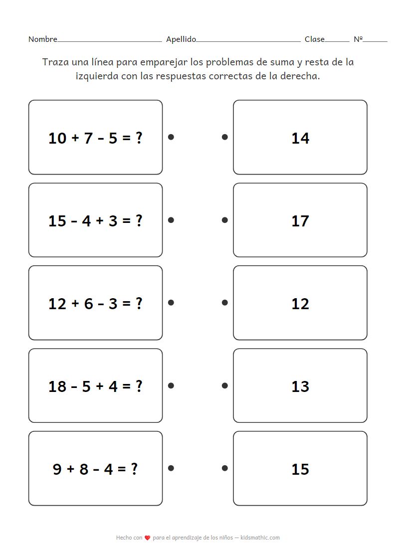 Ficha de trabajo de emparejamiento: Suma y resta mixtas para 1er grado