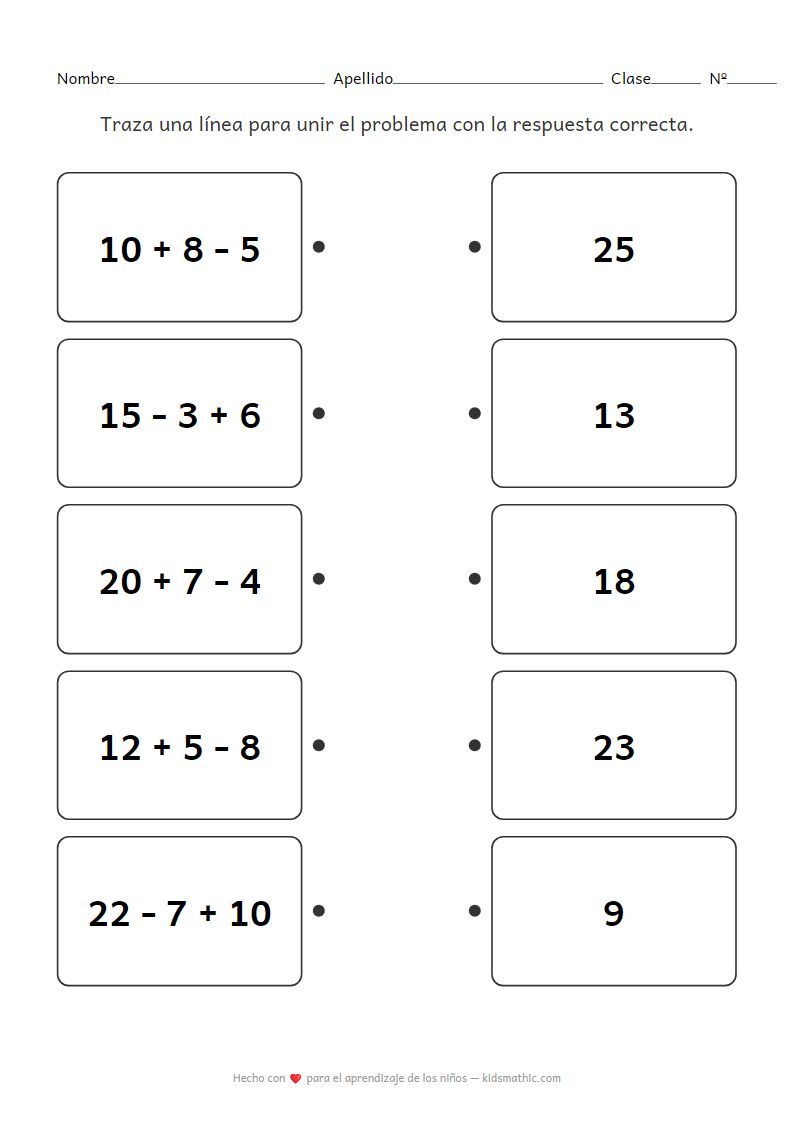 Hoja de Trabajo de Emparejamiento de Suma y Resta Mixta para Grado 1