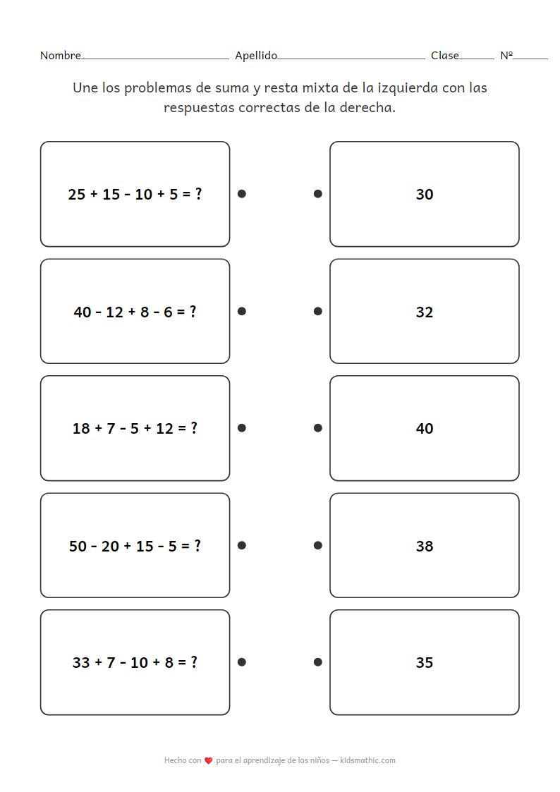Ficha de trabajo de emparejamiento de problemas de suma y resta mixta de 4 números para 2º grado