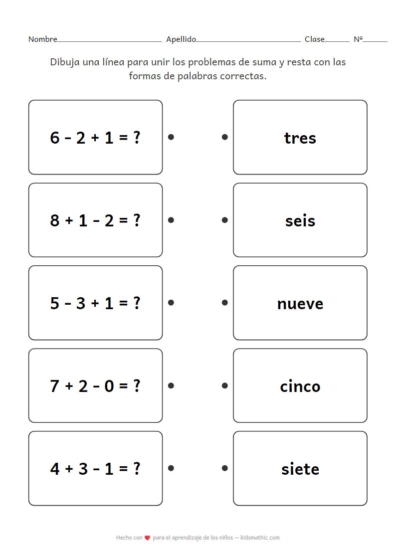 Ficha para emparejar problemas de matemáticas mixtas (0-10) con nombres de números para preescolar