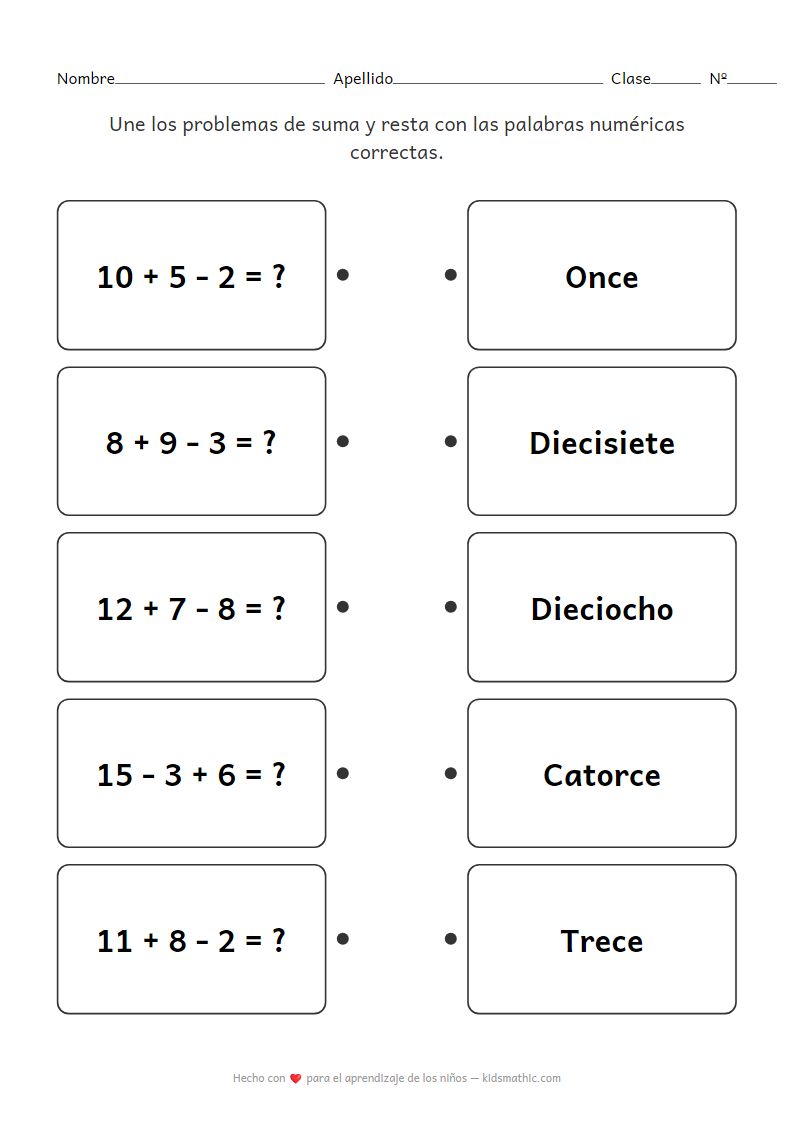Hoja de trabajo de emparejamiento de problemas de suma y resta con palabras para primer grado