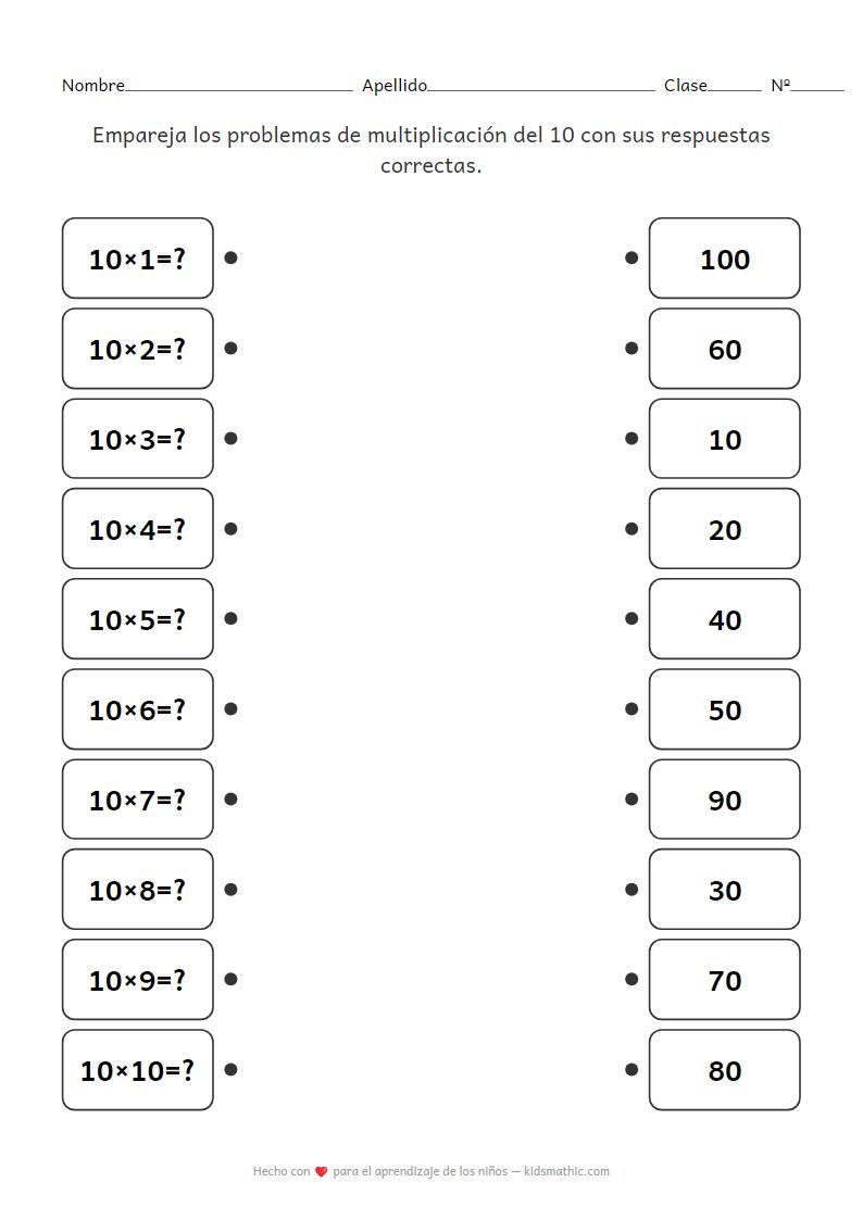 Hoja de Trabajo de Emparejamiento de la Tabla de Multiplicar del 10 para 2º Grado