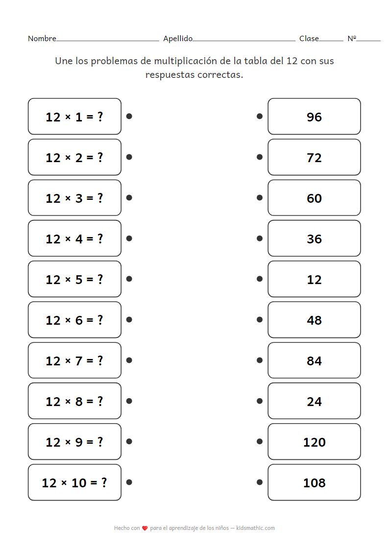 Hoja de trabajo de emparejamiento de la tabla del 12 para niños de preescolar