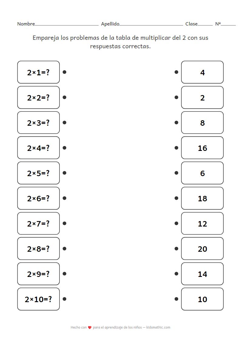 Hoja de trabajo de emparejamiento de la tabla de multiplicar del 2 para segundo grado