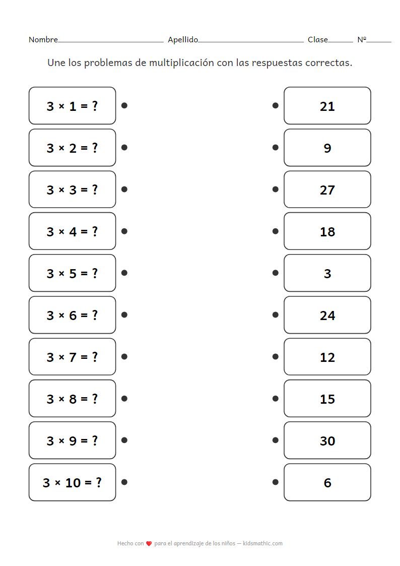 Hoja de trabajo de emparejamiento de la tabla de multiplicar del 3 para segundo grado