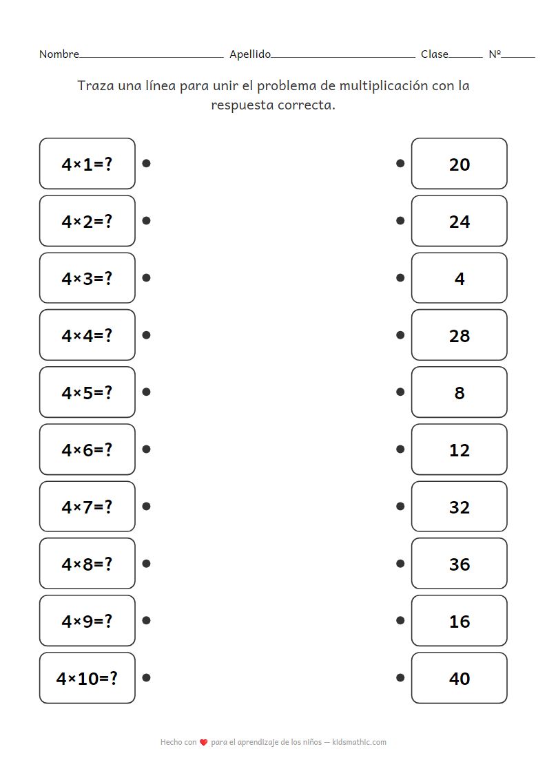 Hoja de trabajo de emparejamiento de la tabla de multiplicar del 4 para niños de 2º grado