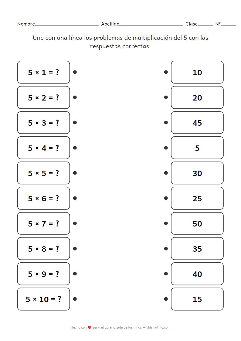 Hoja de Trabajo de Matemáticas: Emparejamiento de la Tabla de Multiplicar del 5 para 2º Grado