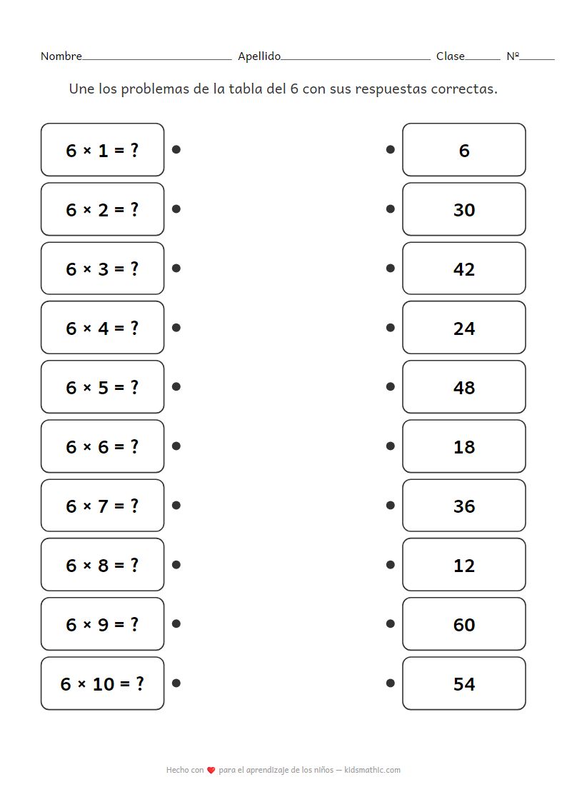 Ficha de Trabajo de Emparejar la Tabla del 6 para Preescolar