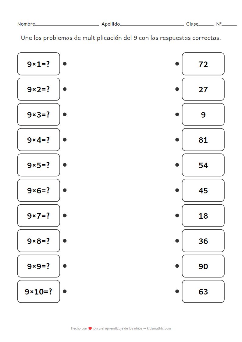 Hoja de trabajo de emparejamiento de la tabla del 9 para preescolar