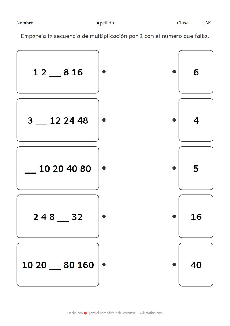 Ficha de Trabajo de Emparejamiento de Secuencias de Multiplicación por 2 para Niños de 2º Grado: Encuentra el Número Faltante