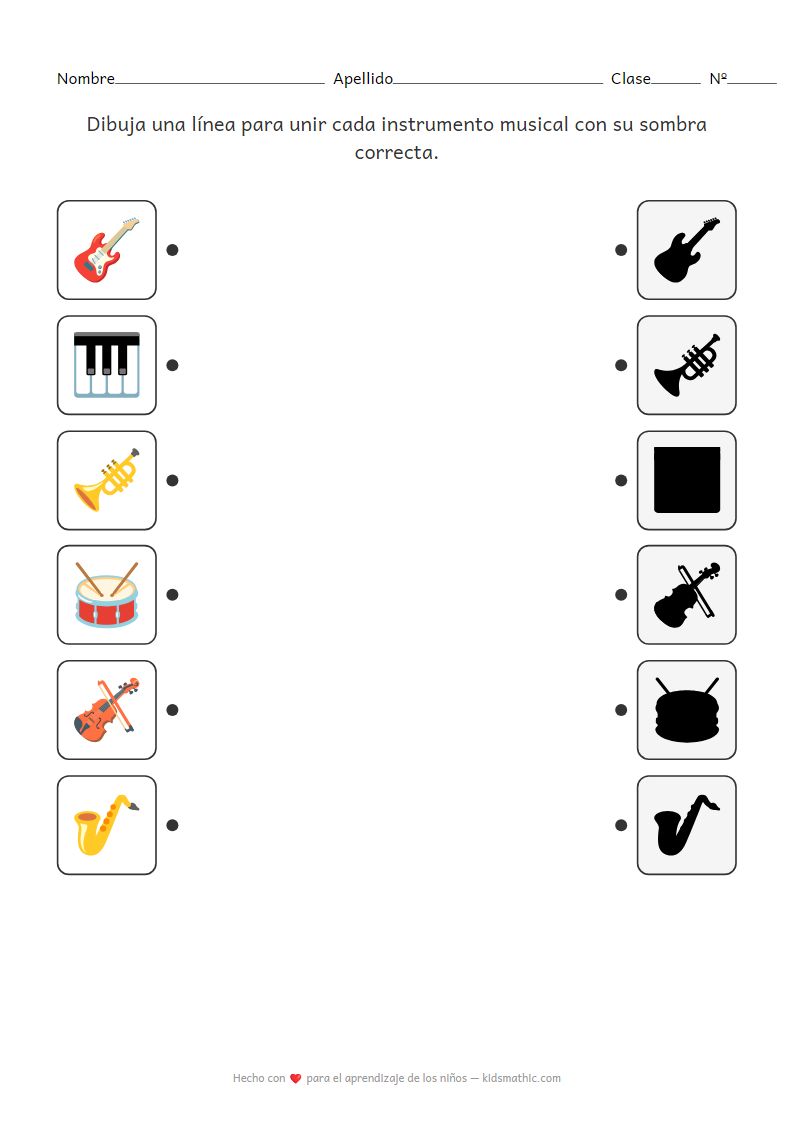 Ficha de Unir Sombras de Instrumentos | Discriminación Visual para Preescolares