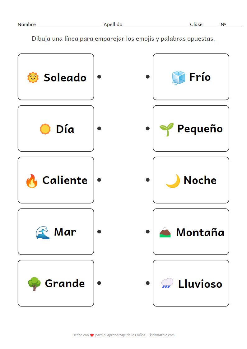 Ficha de Trabajo de Opuestos de la Naturaleza para Preescolares