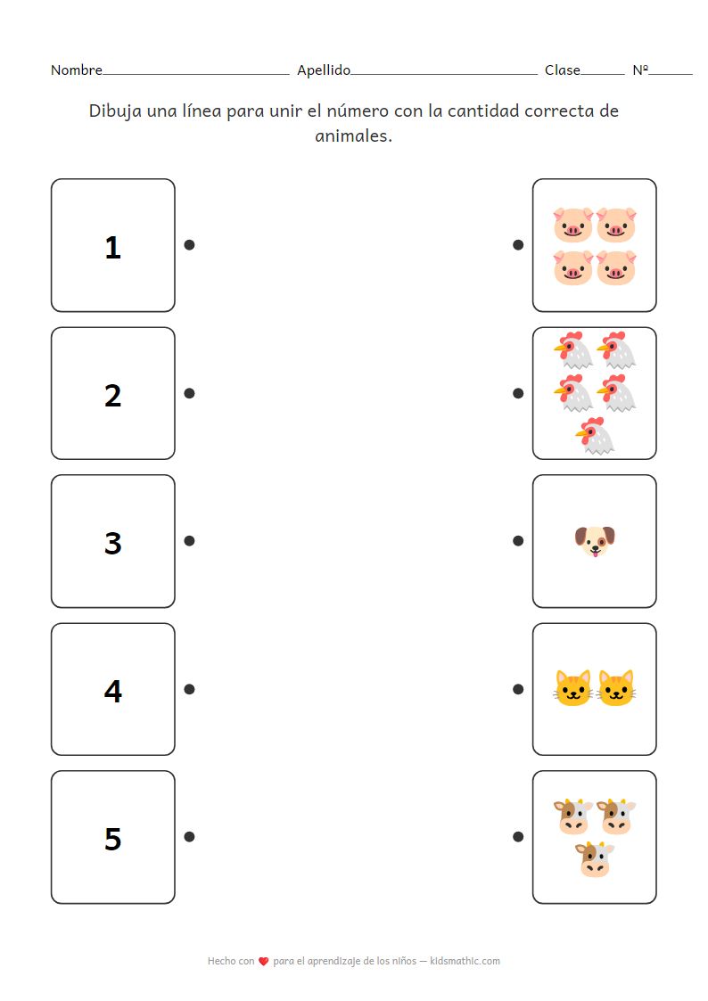 Hoja de trabajo de emparejamiento de números y cantidad de animales para preescolar