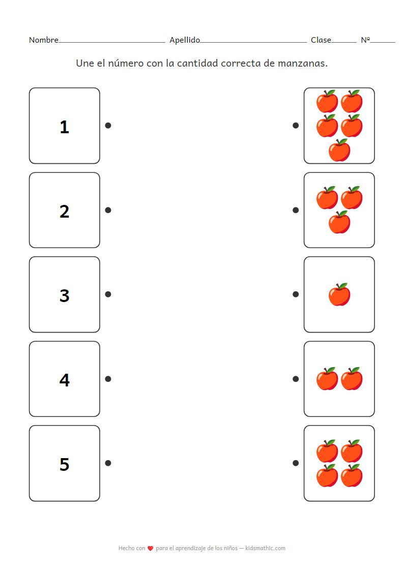 Hoja de trabajo de emparejamiento de números con cantidad de manzanas para preescolares