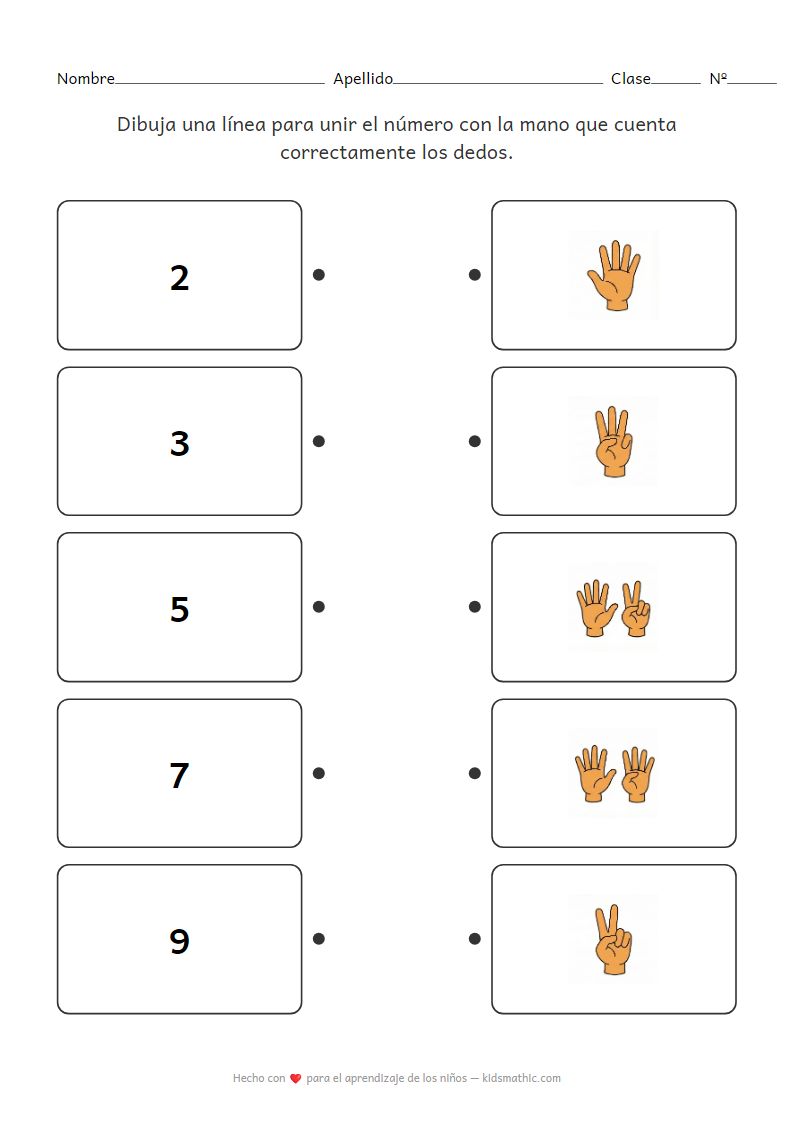 Hoja de Trabajo de Emparejamiento de Números con Manos Contadoras para Preescolares