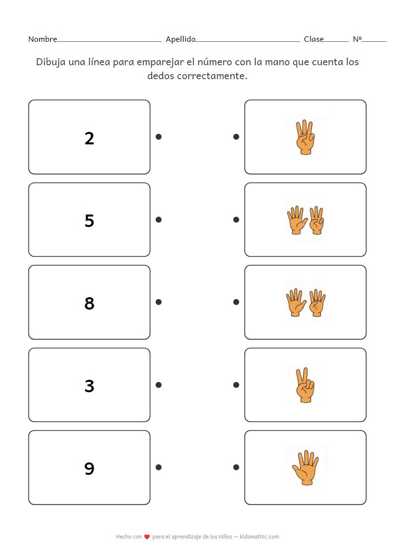 Hoja de trabajo de emparejamiento de números y dedos para preescolares
