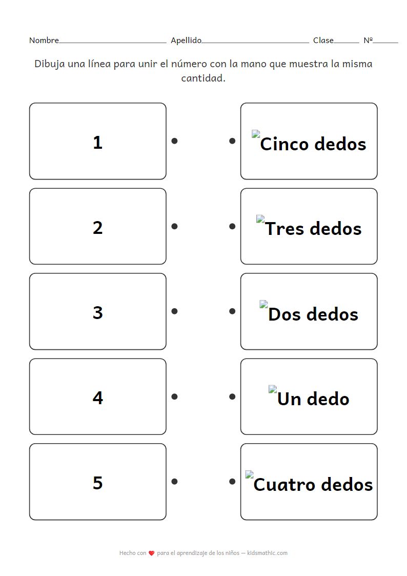 Hoja de trabajo de emparejar números 1-5 con manos para preescolar