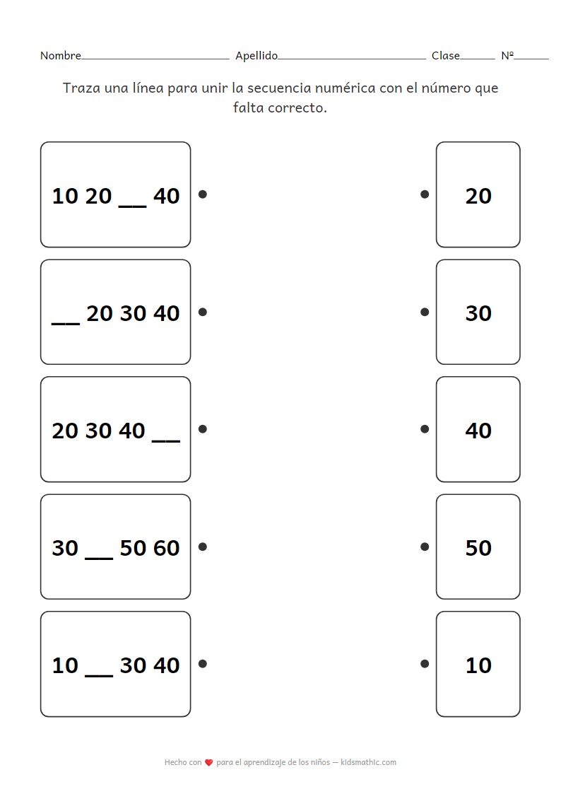 Hoja de trabajo de emparejamiento de secuencias numéricas: Contar de 10 en 10 para preescolares