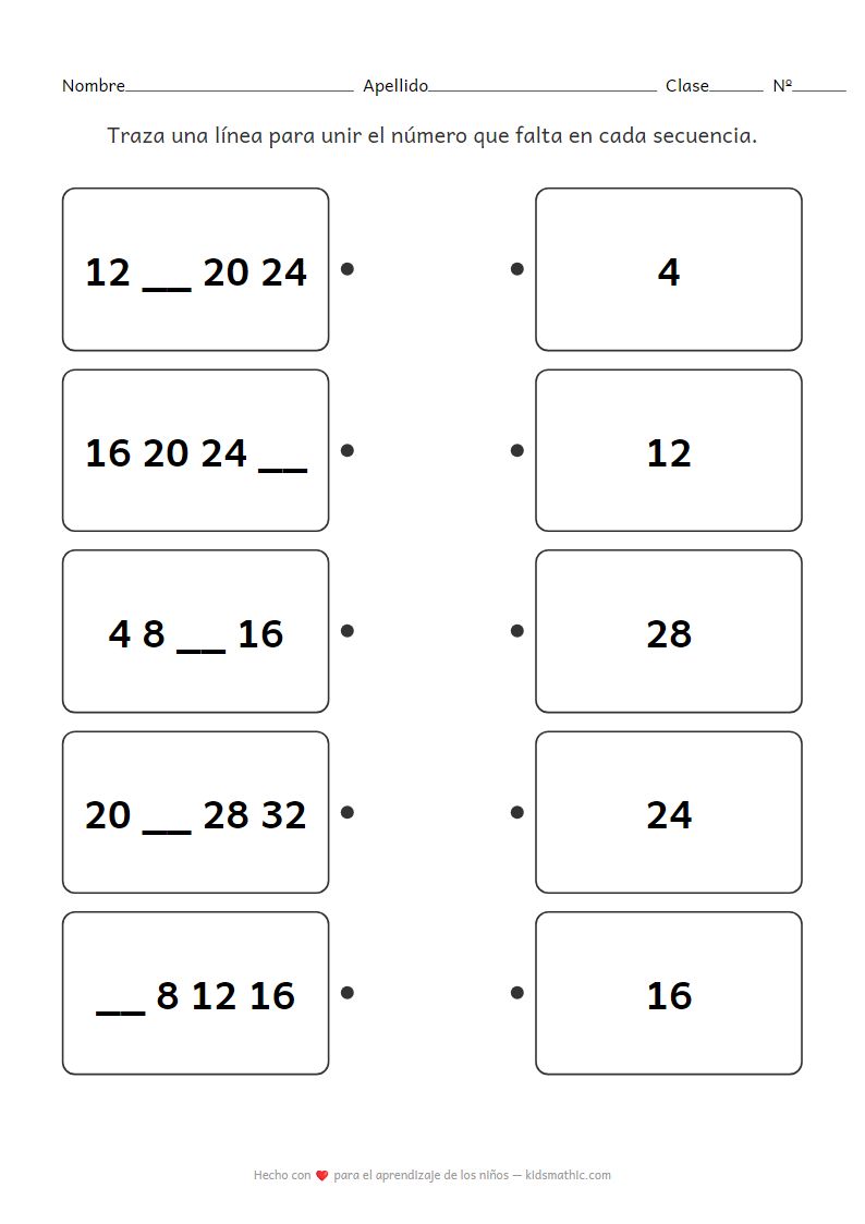 Hoja de Trabajo de Secuencia Numérica Contando de 4 en 4 para Preescolar y Grado 1