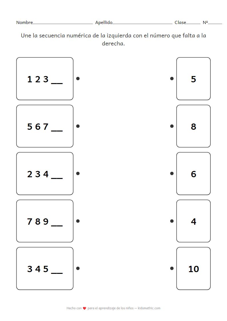 Hoja de trabajo de emparejamiento de secuencias de números faltantes para preescolares