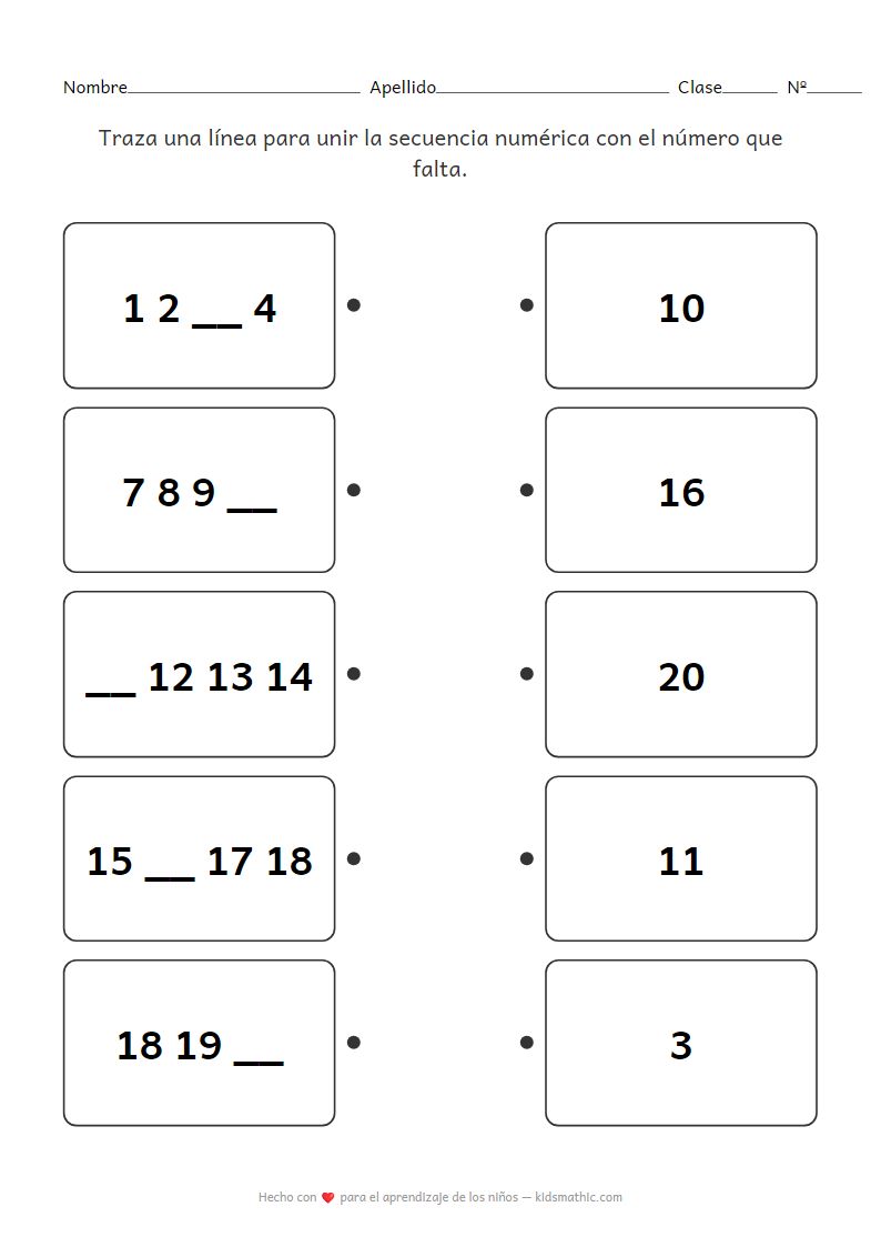 Hoja de trabajo de emparejamiento de secuencias de números faltantes para preescolares