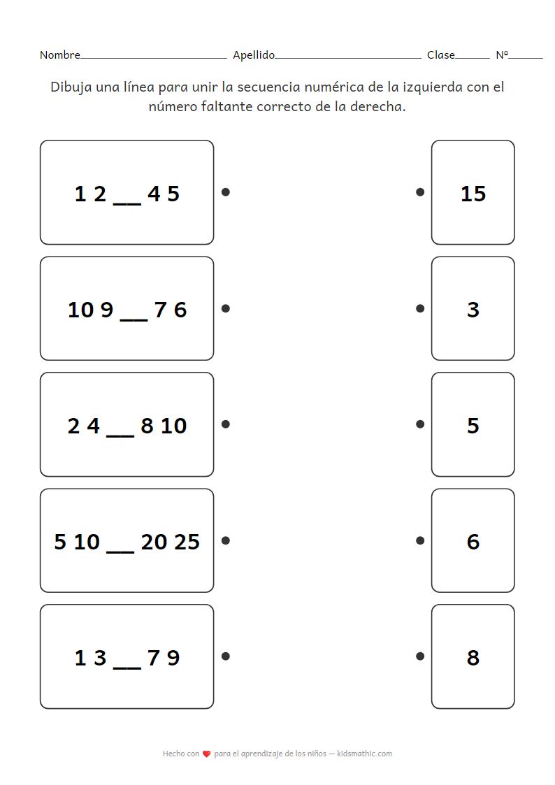 Hoja de trabajo de emparejamiento de secuencias de números faltantes para preescolares