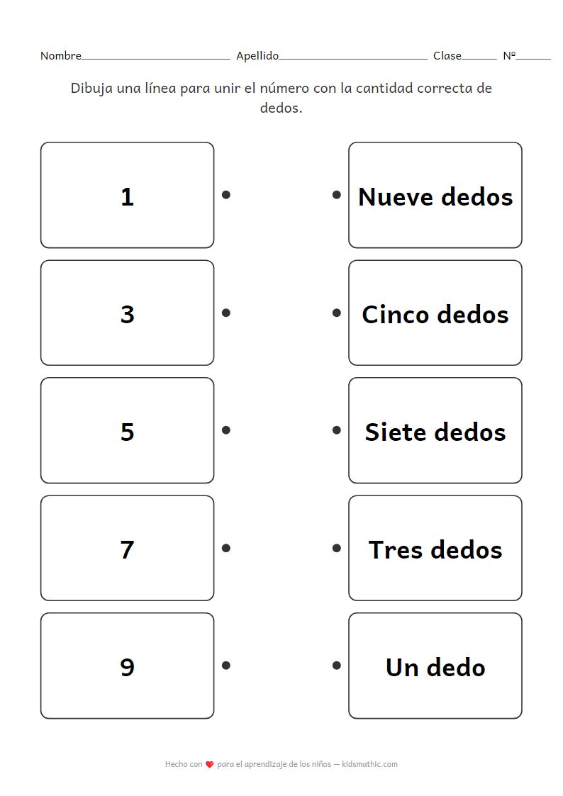 Hoja de trabajo de emparejamiento de números con dedos para preescolares