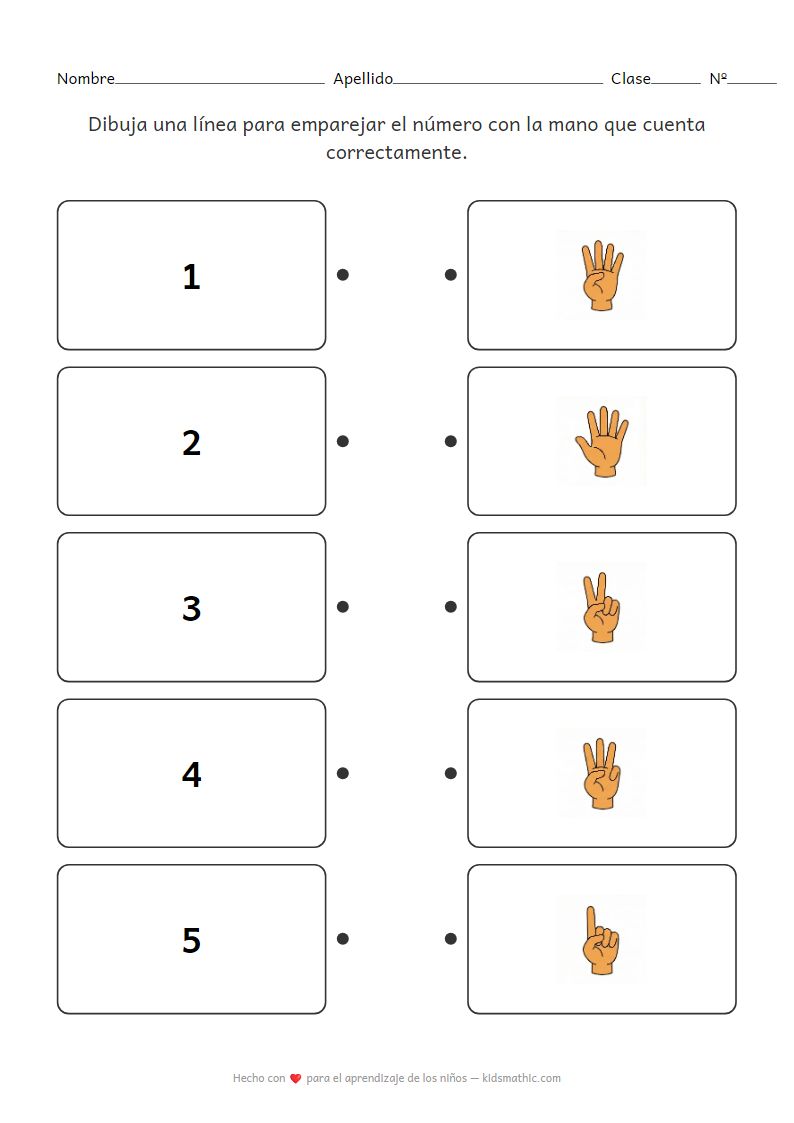 Hoja de trabajo de emparejamiento de números a manos para preescolares