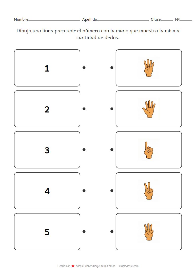 Hoja de trabajo de emparejamiento de números a dedos para preescolares