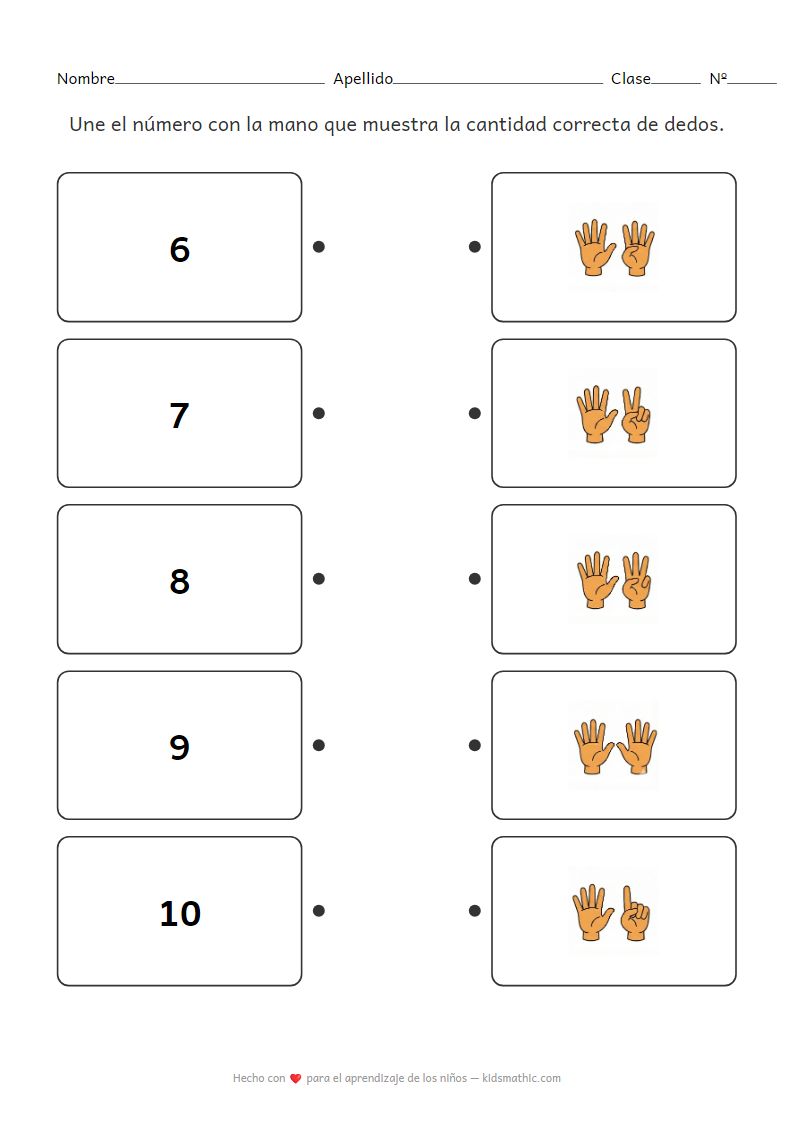 Hoja de trabajo de unir números y dedos para preescolares