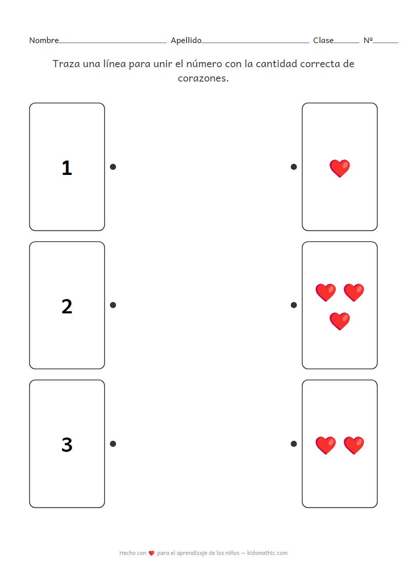 Hoja de Trabajo de Emparejamiento de Números 1-3 con Corazones para Preescolares