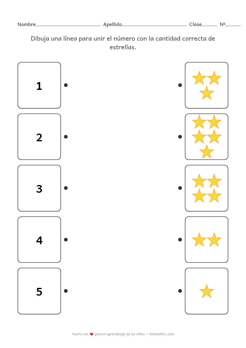 Ficha de Preescolar: Unir Números con Cantidad de Estrellas