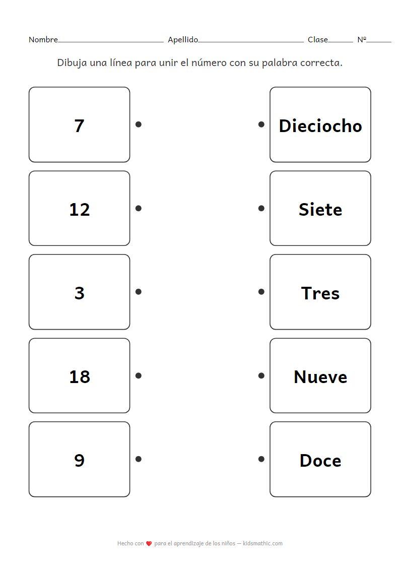 Hoja de trabajo de emparejamiento de números a palabras 1-20 para preescolares
