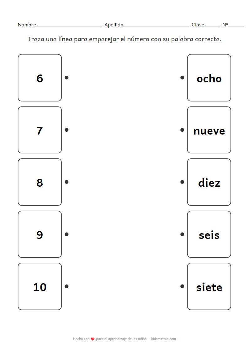 Hoja de trabajo de emparejamiento de números y palabras 6-10 para preescolares