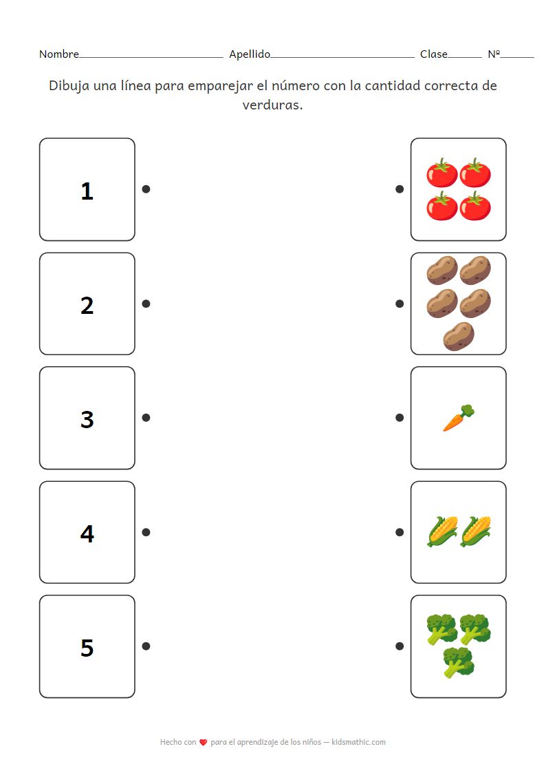 Hoja de trabajo de emparejamiento de números y cantidad de verduras para preescolares